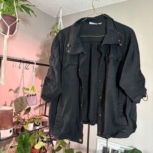 Liz & Me Utility Jacket Drawstring Sleeve Snap Button Black Oversized